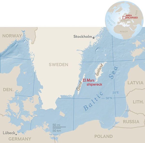 La zona del Mar Baltico dove è stato individuato il relitto (Ng Staff, Jamie Hawk. Source: Richard Lundgren, Ocean Discovery)