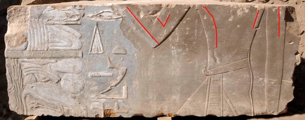 Rappresentazione femminile di Hatshepsut, evidenziata con le linee rosse (German Archaeological Institute)